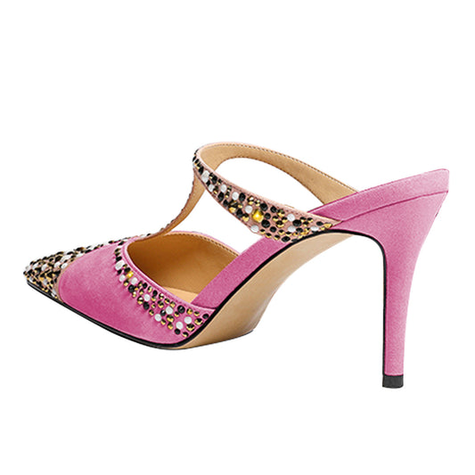 Fuchsia Studded Rhinestone Stiletto High Heel Slip-On Mules Shoes