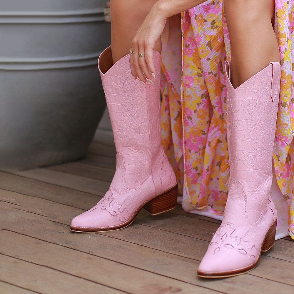 Faux Leather Embroidered Pointed Toe Pink Mid-Calf Cowgirl Boots