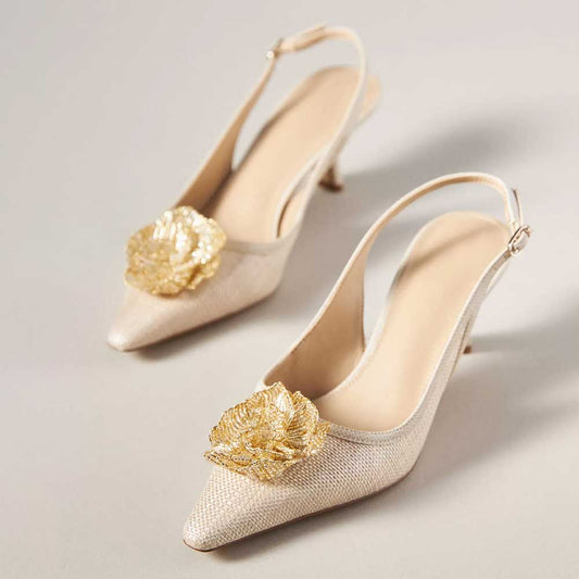 Beige Textile Pointed Toe Kitten Heel Floral Inlay Slingback Pumps