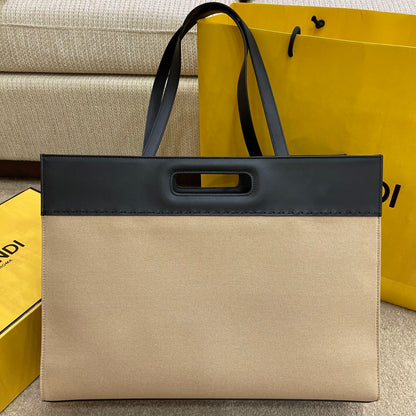 FI Canvas Tote Bag Cream/Black For Women, Handbags 18.1in/46cm FF 7VA480