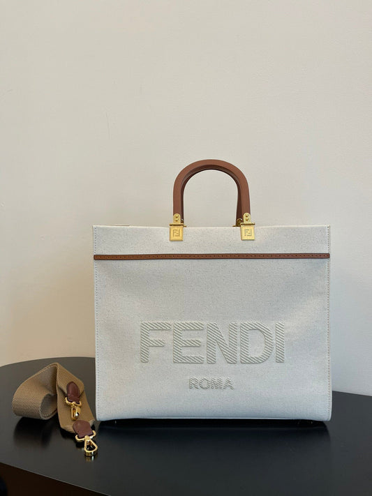 FI Sunshine Medium Tote Bag Light Grey Canvas For Women, Bags, Shoulder Bags 13.8in/35cm FF 8BH386