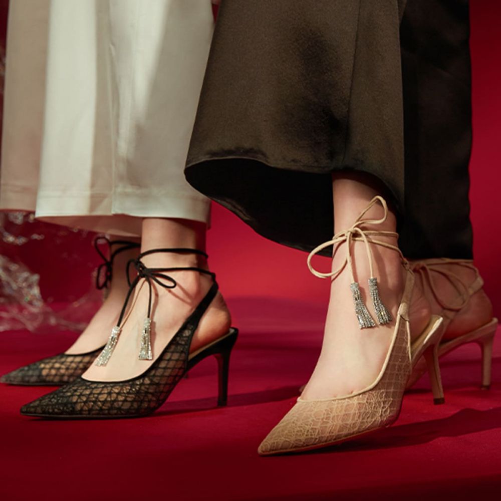 Elegant Nude Lace Pointed Toe Wrap Strap Pumps Heels with Tassels