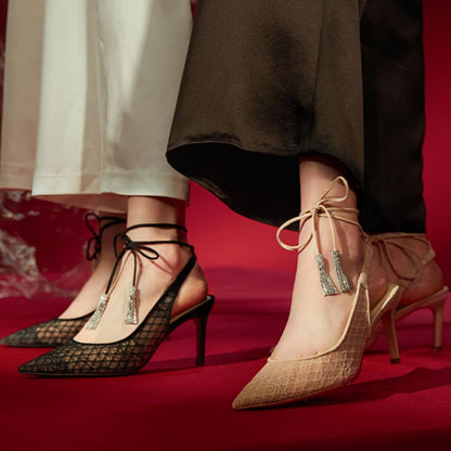 Elegant Nude Lace Pointed Toe Wrap Strap Pumps Heels with Tassels