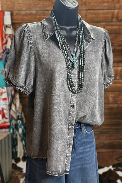 Puff Sleeve Washed Denim Shirt