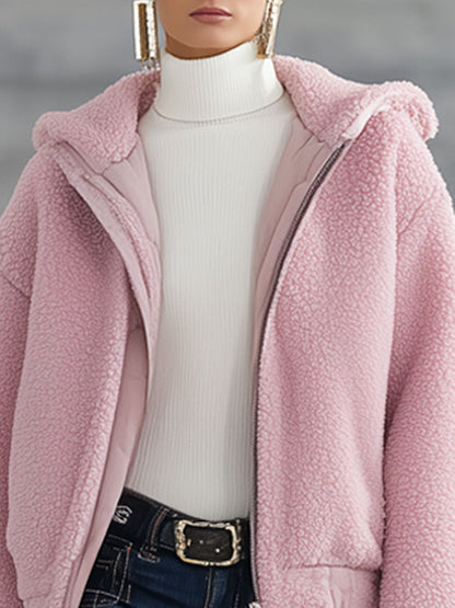 Fashion Retro Pink Polar Fleece Hooded Zip-Up Jacket