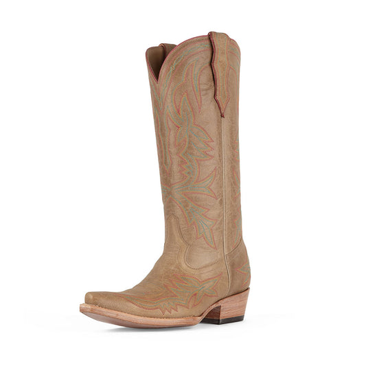Embroidered Low Heel Snip Toe Mid-Calf Tan Cowgirl Boots for Women