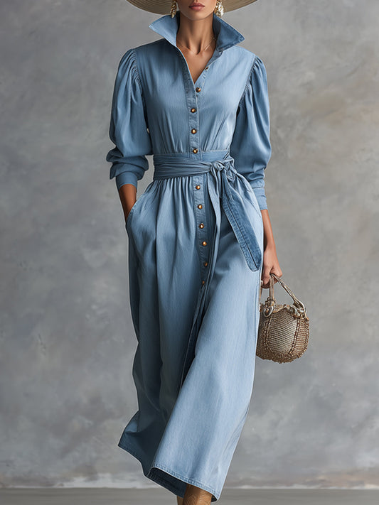 Elegant Light Blue Lapel Button Belt Denim Long Sleeve Maxi Dress