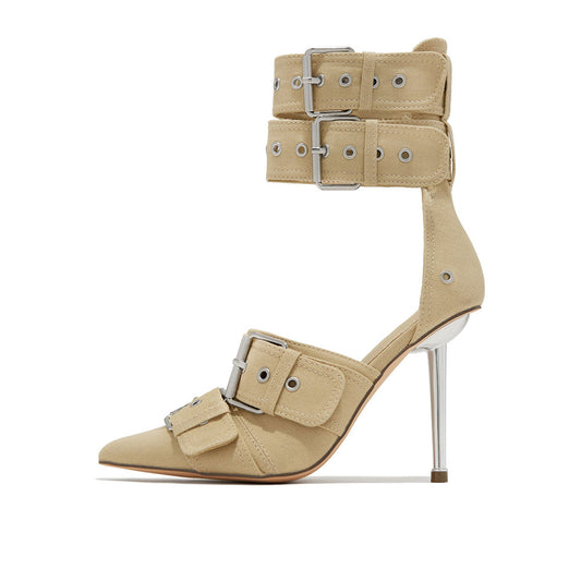 Beige Pointy Toe 4'' Metallic Heel Buckle Studded Strappy Pumps