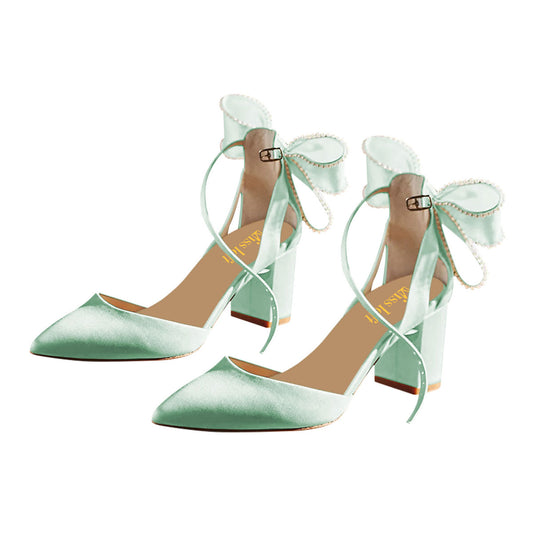 Elegant Green Satin Pearls Bows Pointed Toe Pumps Heels with Buckle