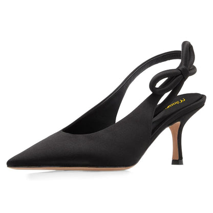Elegant Bowknot Mid Stiletto Heel Black Slingback Pumps for Women