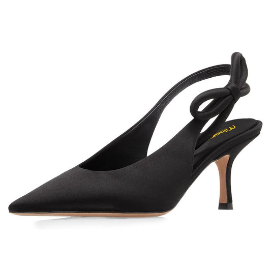 Elegant Bowknot Mid Stiletto Heel Black Slingback Pumps for Women
