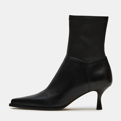 Elegant Black Pointed Toe Spool Heel Ankle Boots with Side Zipper