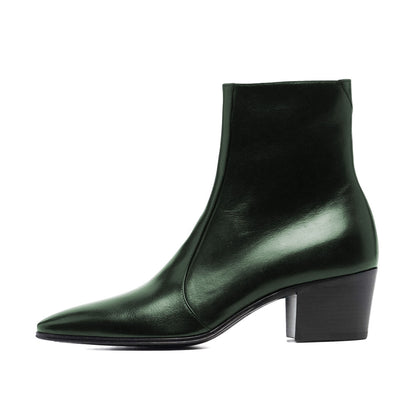 Dark Green Almond Toe Chunky Heel Side Zipper Short Boots for Women