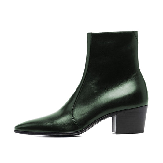 Dark Green Almond Toe Chunky Heel Side Zipper Short Boots for Women