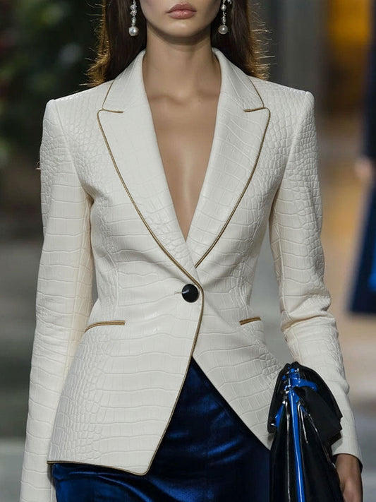 Fashion Retro Gold-Trimmed White Crocodile-Print Faux Leather Blazer
