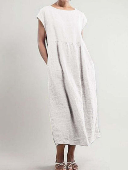Solid color sleeveless loose cotton and linen pocket dress