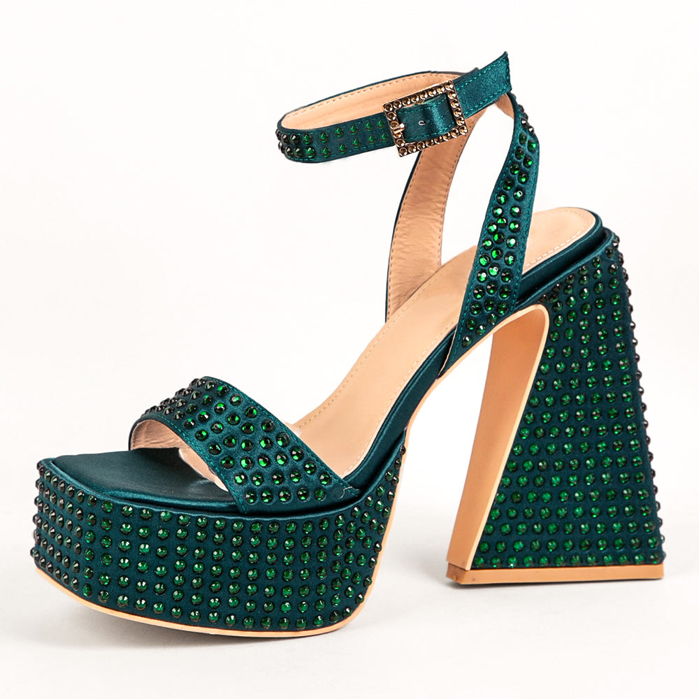 Elegant Green Open Square Toe Platform Heeled Rhinestone Sandals