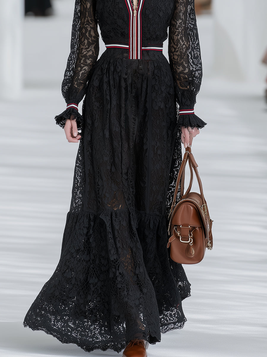 Elegant Retro Striped Black Lace Long-sleeved Maxi Dress