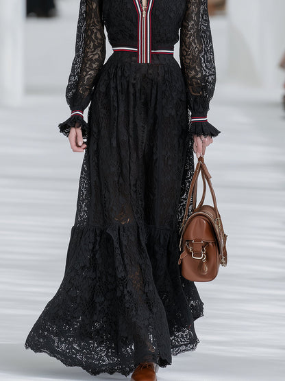 Elegant Retro Striped Black Lace Long-sleeved Maxi Dress