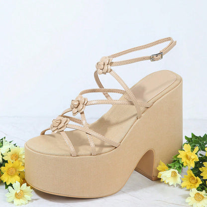 Beige Open Toe Chunky Heel Strappy Platform Sandals
