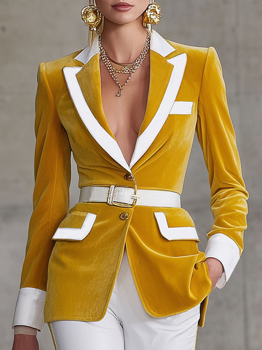 Elegant Lapel Contrasting Velvet Belt Blazer