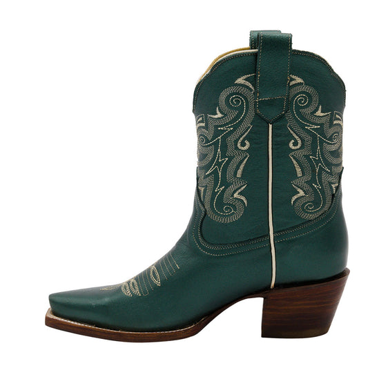 Faux Leather Embroidered Green Snip Toe Cowboy Boots for Women