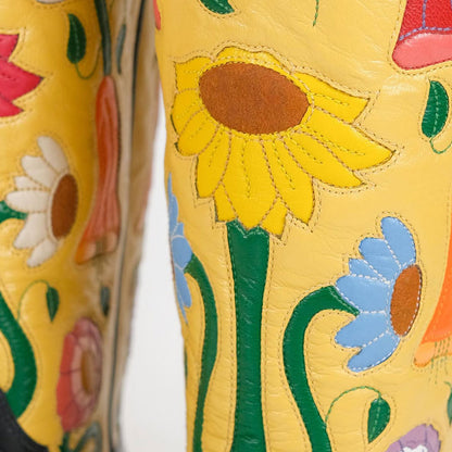Embroidered Pointed Toe Black & Yellow Cowgirl Booties for Women