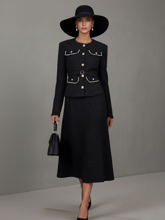 Elegant Vintage Tweed Jacket And Long Skirt Set