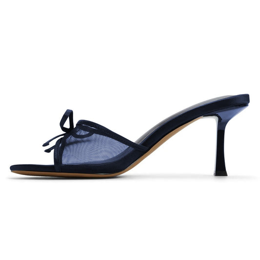 Fashion Navy Mesh Flared Heel Open Toe Bow Women's Mules Shoes