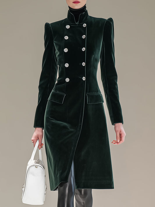 Dark Green Velvet Button-down Mid-length Coat