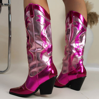 Fuchsia and Pink Metallic Patchwork Cowgirl Boots with Chunky Heel