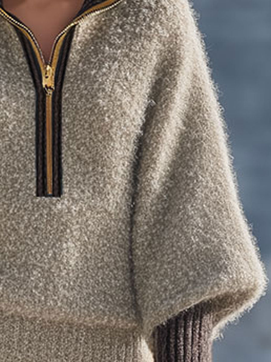 Fashion Vintage Khaki Mohair Zipper Sweater