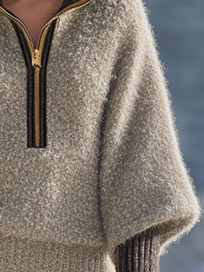 Fashion Vintage Khaki Mohair Zipper Sweater
