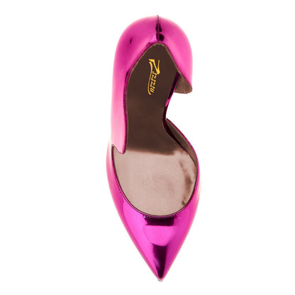 Fuchsia Metallic Finish Curved Edge Pointed Toe Pumps Heels
