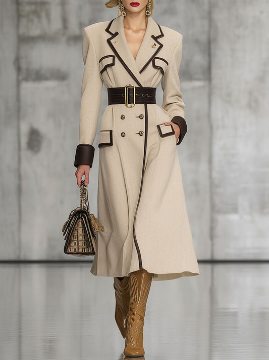 Elegant Urban Light Khaki Double-Breasted Mid-Length Coat