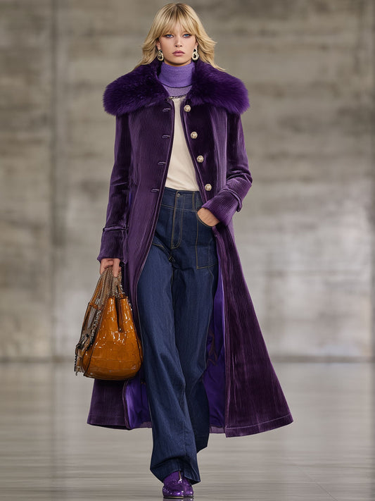 Fashion Retro Purple Corduroy Faux Fur Collar Long Coat
