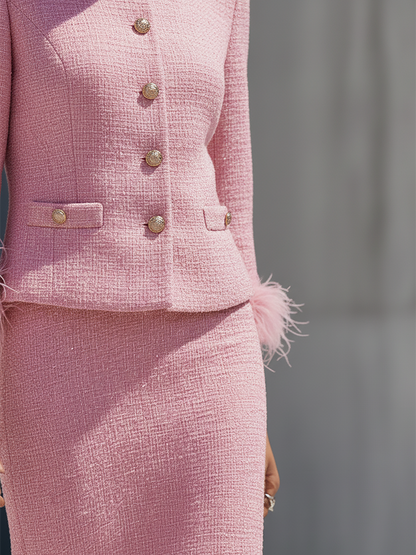 Elegant Round-neck Single-breasted Tweed Jacket And Skirt Set
