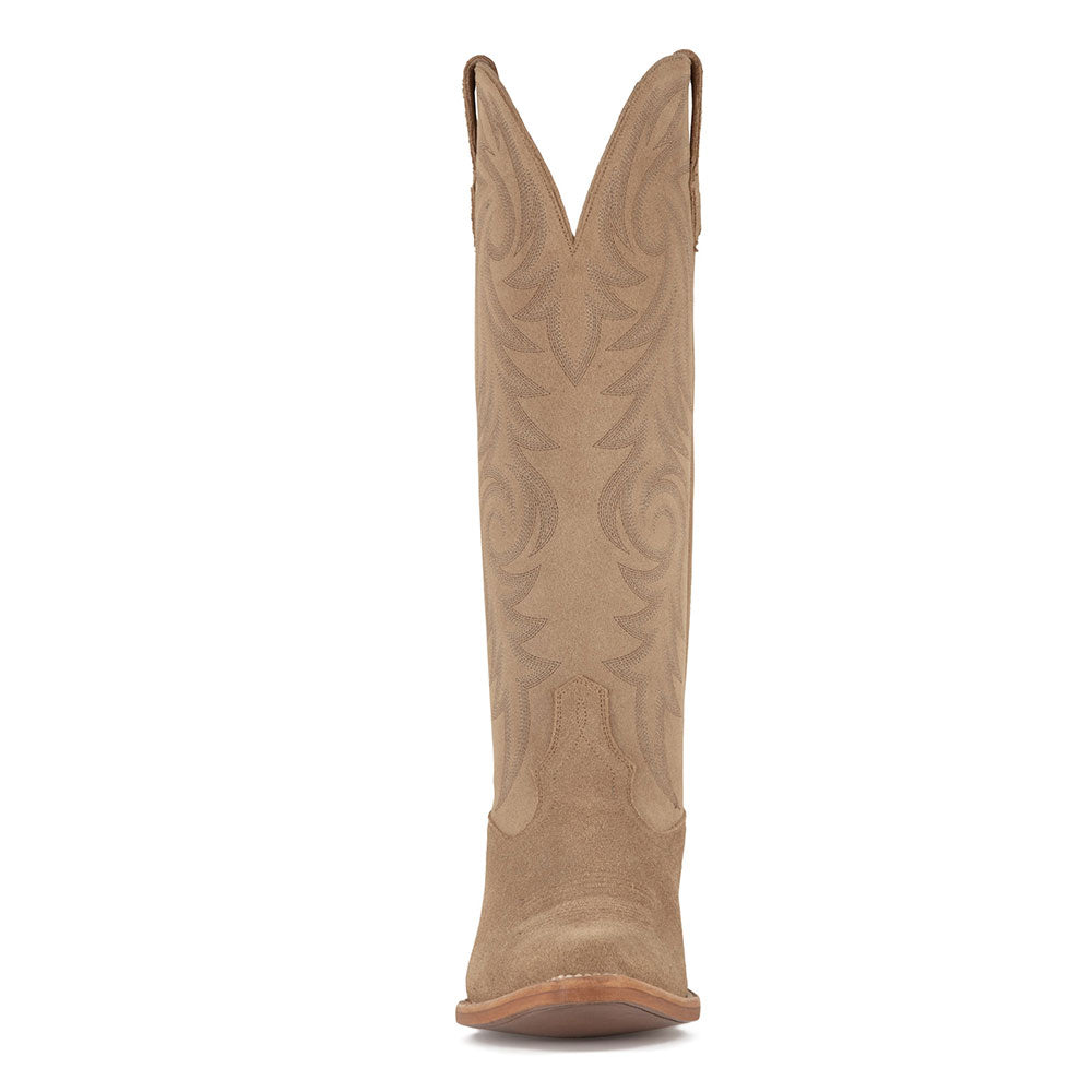 Faux Suede Snip Toe Embroidered Knee-High Tan Cowboy Boots for Women