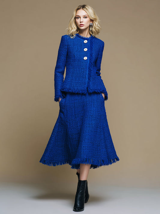 Elegant And Exquisite Oblique Collar Raw Edge Jacket Mid-length Skirt Royal Blue Tweed Set
