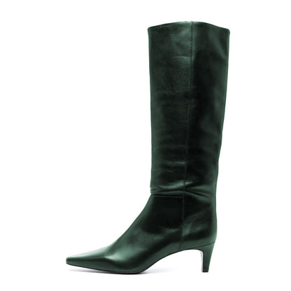 Dark Green Square Toe Kitten Heel Knee-High Tall Boots for Women