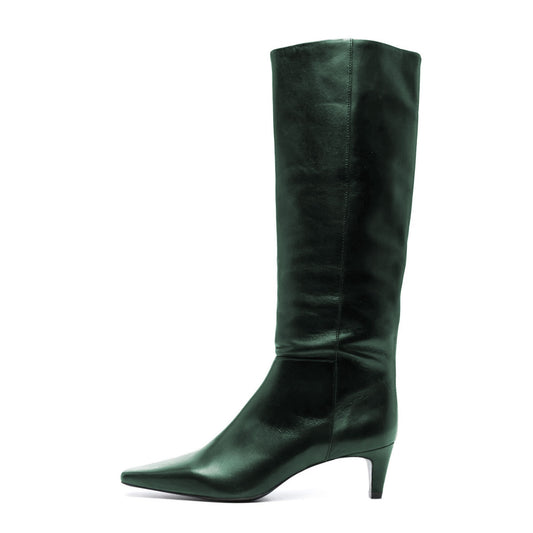 Dark Green Square Toe Kitten Heel Knee-High Tall Boots for Women