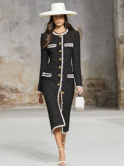 Elegant Textured Fabric Ribbon Multi-button Midi Dress