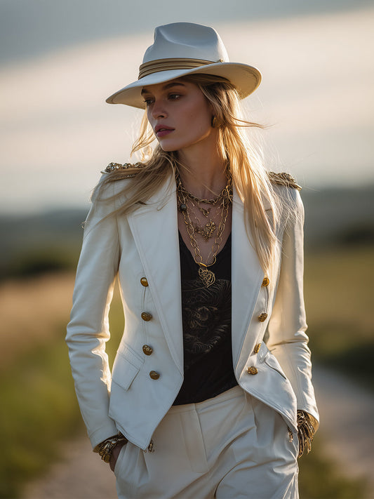 Fashion Retro White Faux Leather Epaulette Button Blazer