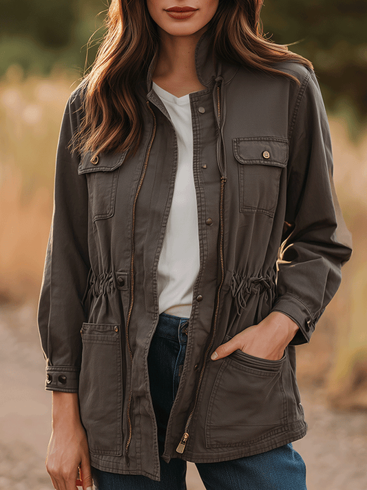 Daily Outdoor Military Gray Practical Drawstring Work Jacket
