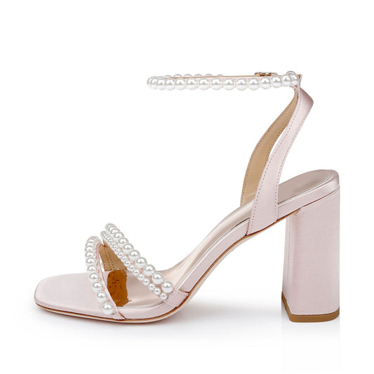 Elegant Pink Satin Pearl Strappy Wedding Sandals with Chunky Heel