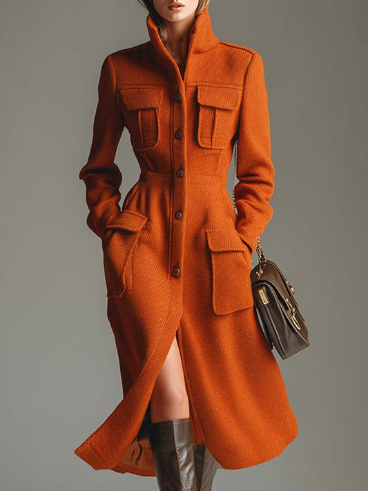 Elegant Urban Stand-up Collar Orange Pocket Mid-length Coat