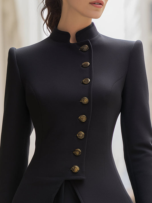 Elegant High-Collar Black Blazer With Gold Statement Buttons