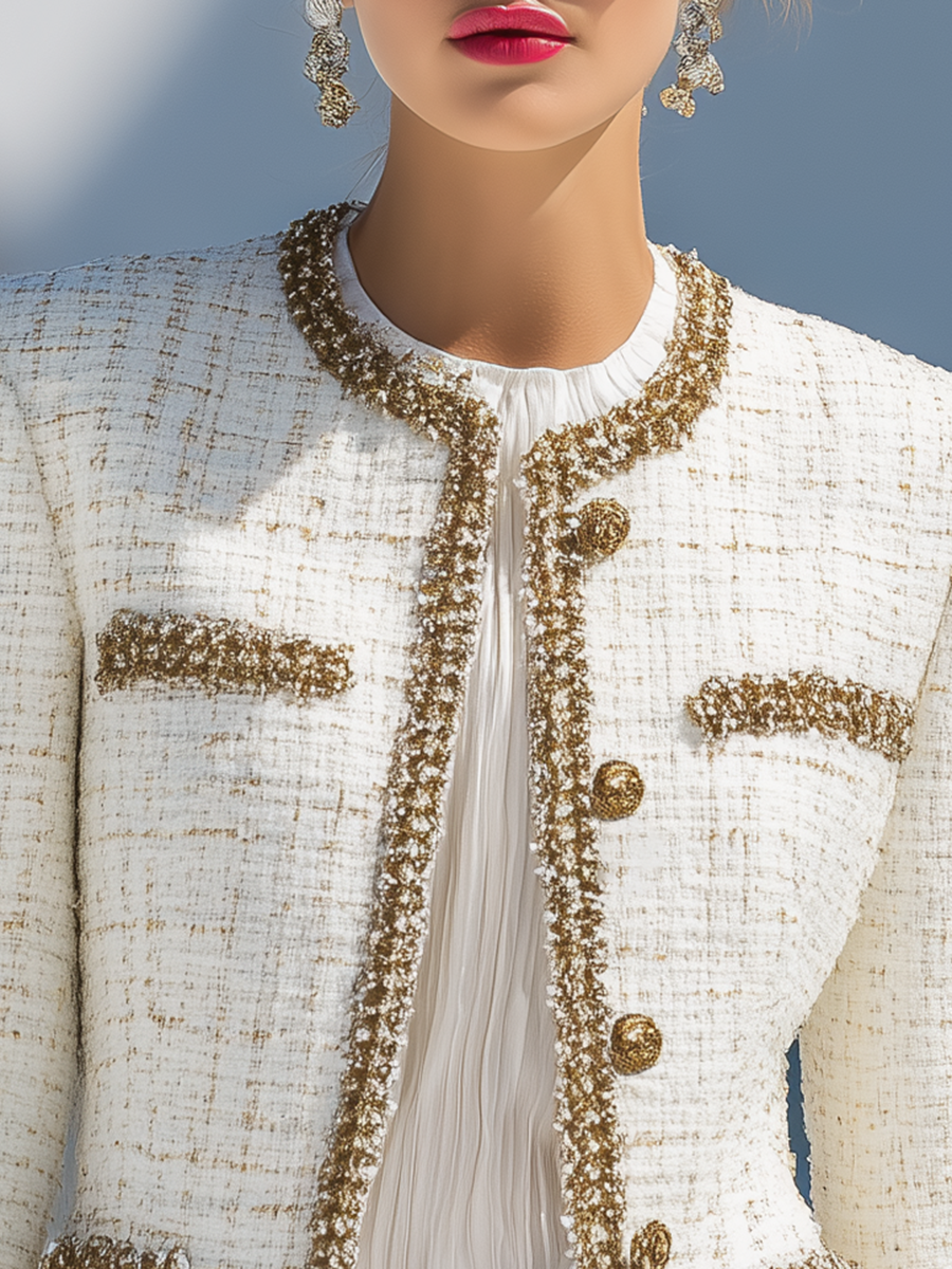 Elegant Gold Trim Round-neck Tweed Jacket