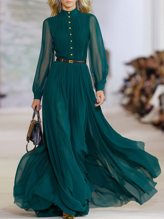 Exquisite And Fashionable Gold Button Dark Green Chiffon Maxi Dress