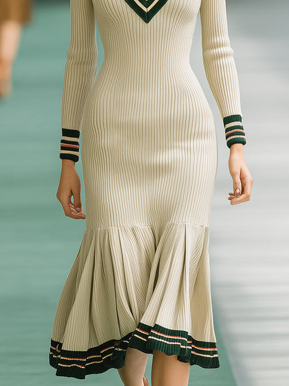 Elegant Retro Green Striped Beige Knitted Fishtail Skirt Midi Dress